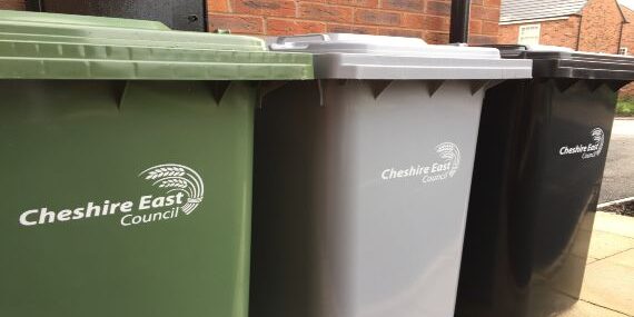 Green, silver and black wheelies bins in a row in front of a wall