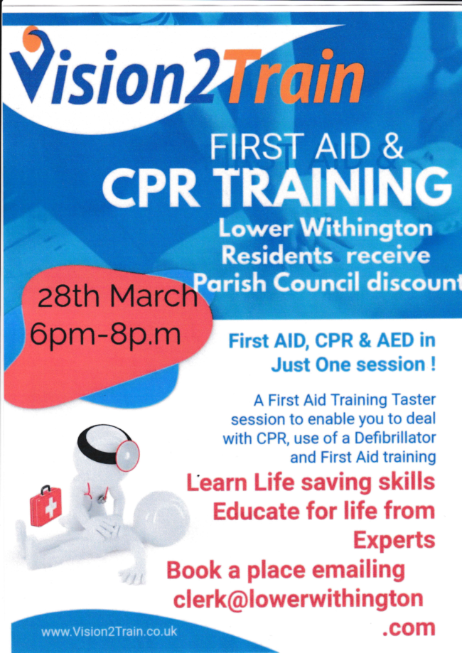 First Aid Training Poster LWPC conv 1 Poster advertising first aid training on 28th March 2025 at 6pm